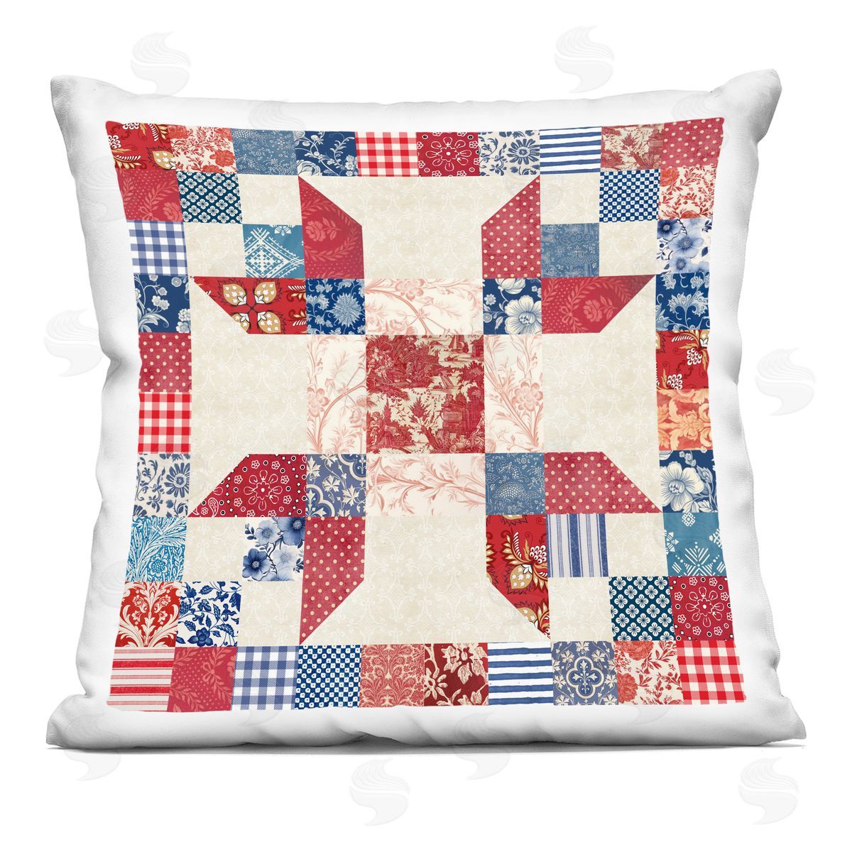 Susan Arnot Red & Blue Traditional Quilt Pattern Printed Plush Polyester Throw Pillow