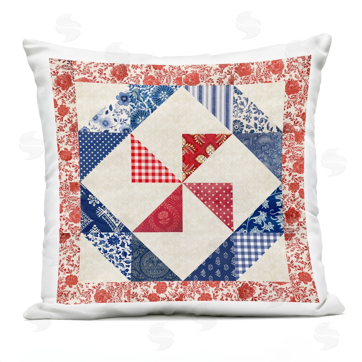 Susan Arnot Collaged Quilt Patterns Red & Blue Outdoor Quick-Dry Polyester Printed Throw Pillow