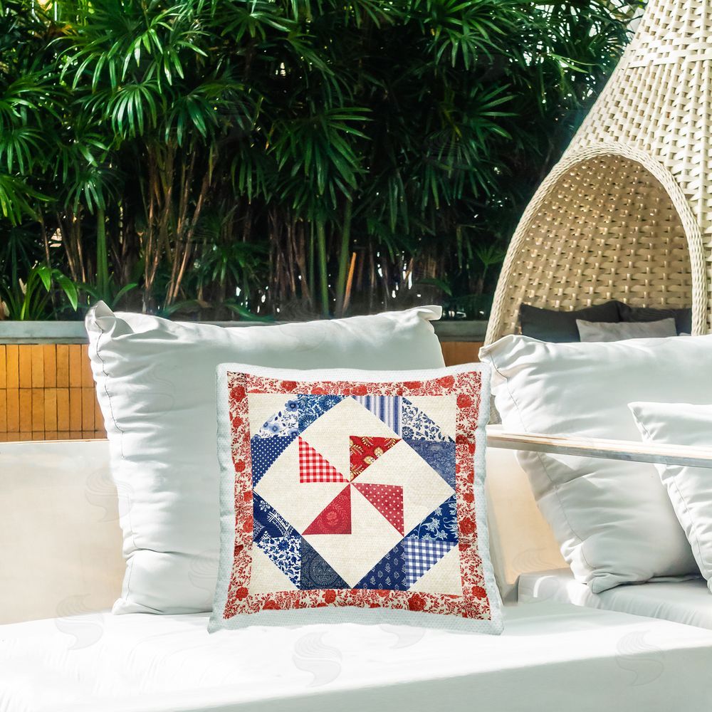 Susan Arnot Collaged Quilt Patterns Red & Blue Outdoor Quick-Dry Polyester Printed Throw Pillow in Back Yard