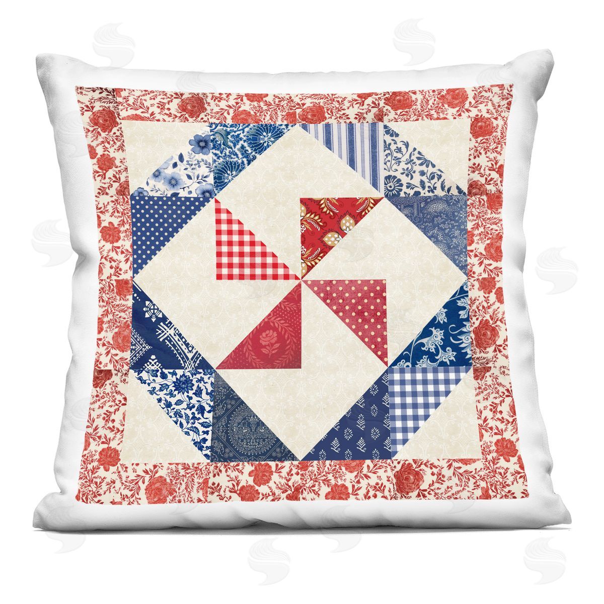 Susan Arnot Collaged Quilt Patterns Red & Blue Printed Plush Polyester Throw Pillow