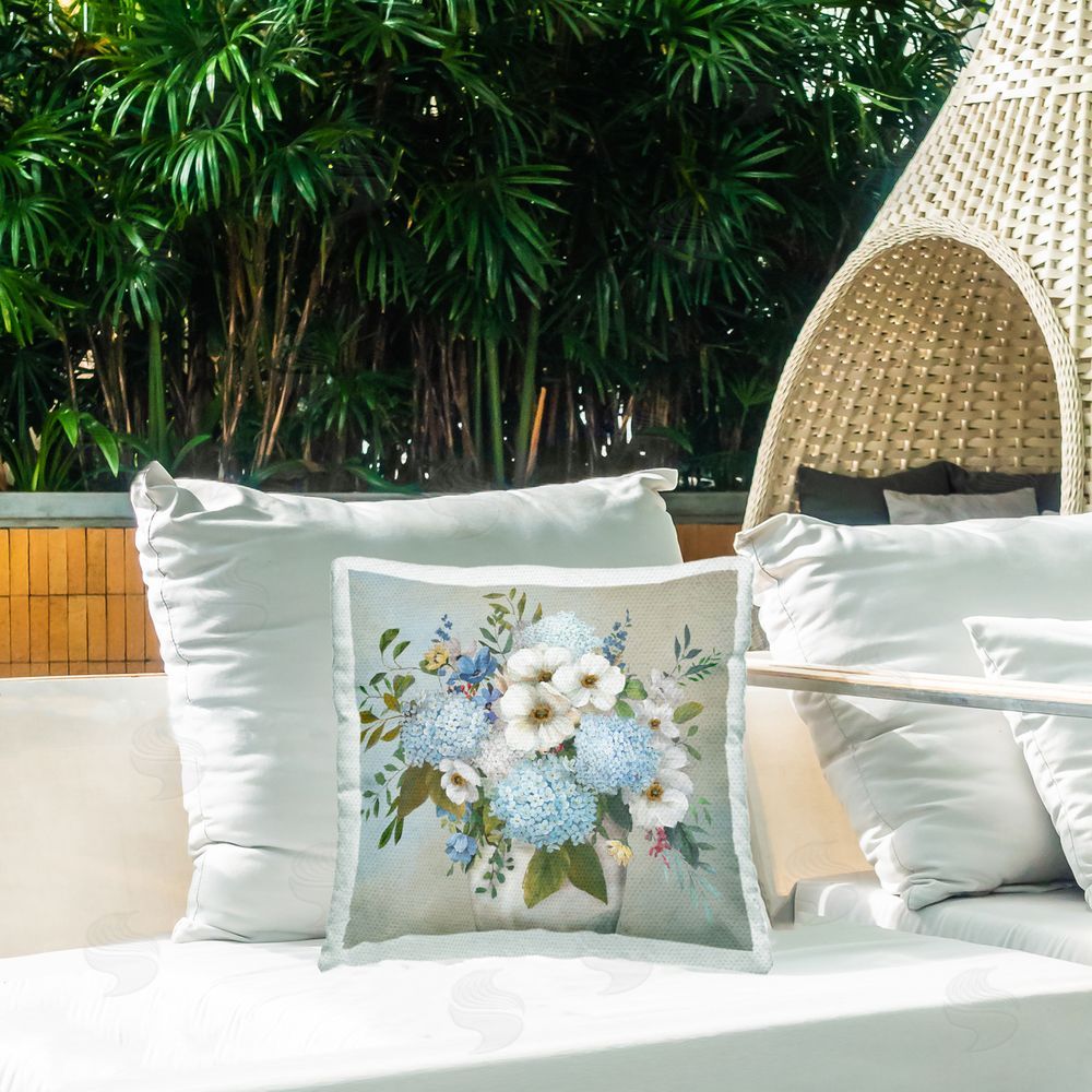 Nan Wild Hydrangea & Magnolias Outdoor Quick-Dry Polyester Printed Throw Pillow in Back Yard