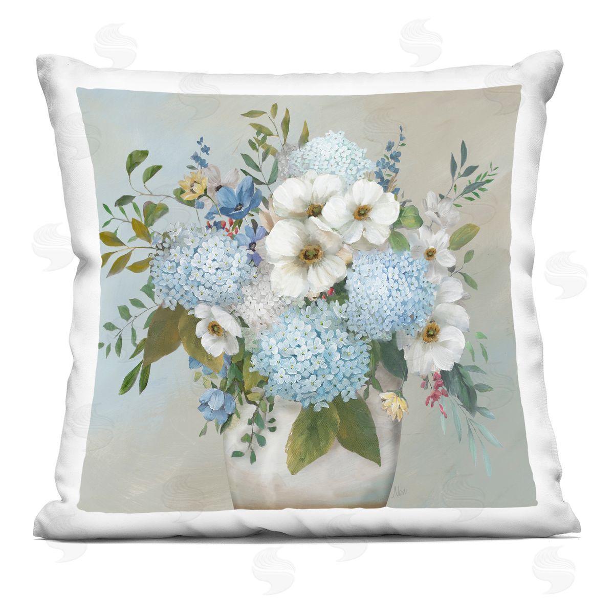 Nan Wild Hydrangea & Magnolias Printed Plush Polyester Throw Pillow
