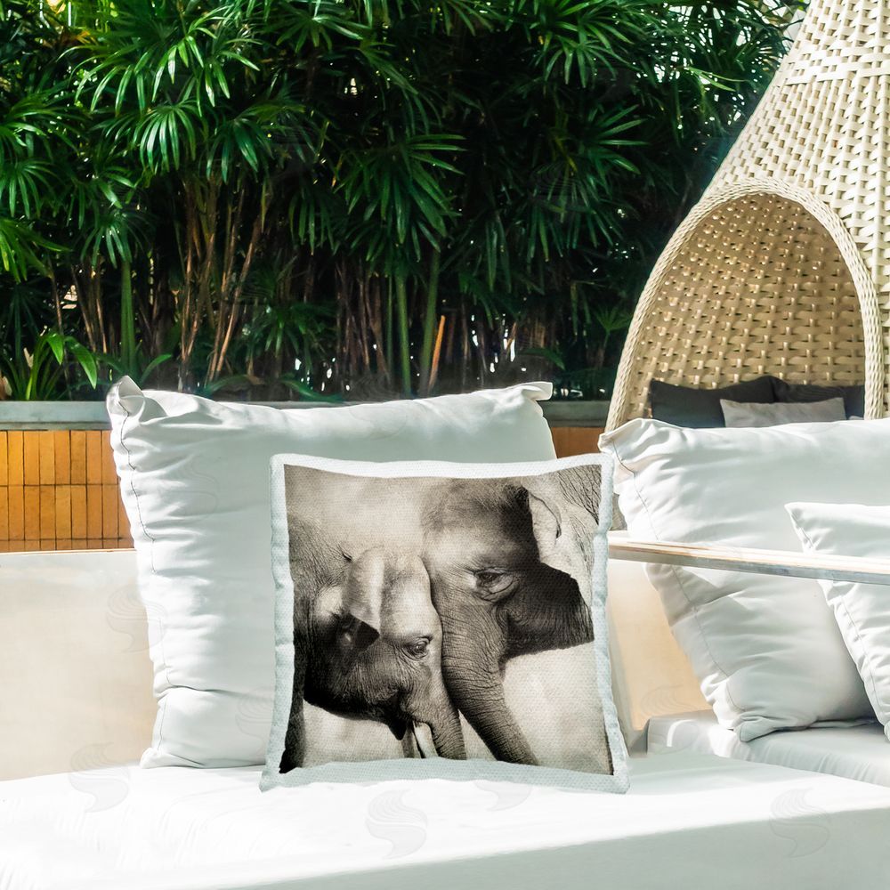 CAD Designs Elephant & Baby Hug Outdoor Quick-Dry Polyester Printed Throw Pillow in Back Yard