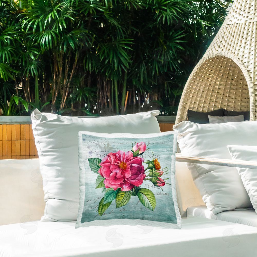 Susan Arnot Pink Garden Flower over Rustic Outdoor Quick-Dry Polyester Printed Throw Pillow in Back Yard