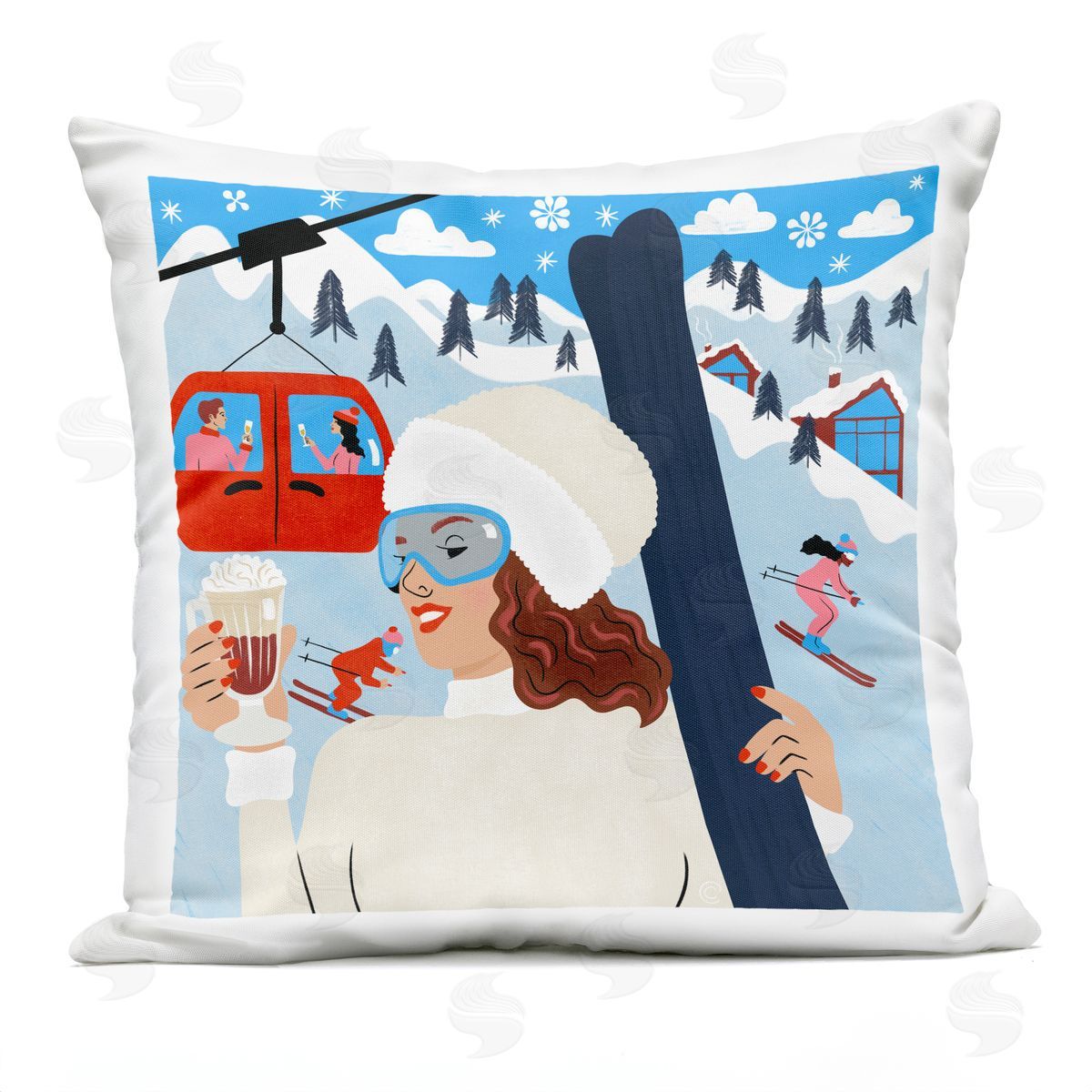 Carrie Cantwell Sipping Cocoa on Ski Lift Outdoor Quick-Dry Polyester Printed Throw Pillow
