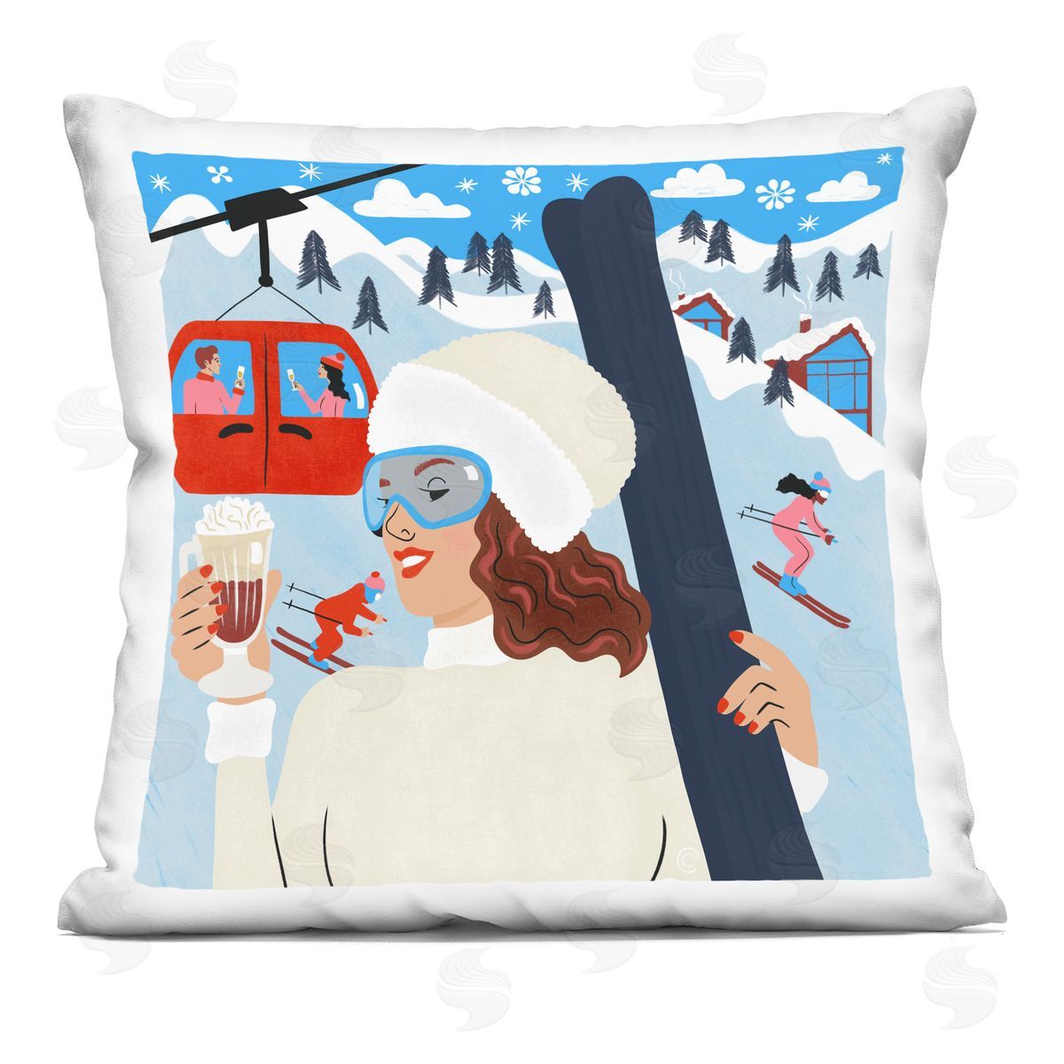 Carrie Cantwell Sipping Cocoa on Ski Lift Printed Plush Polyester Throw Pillow
