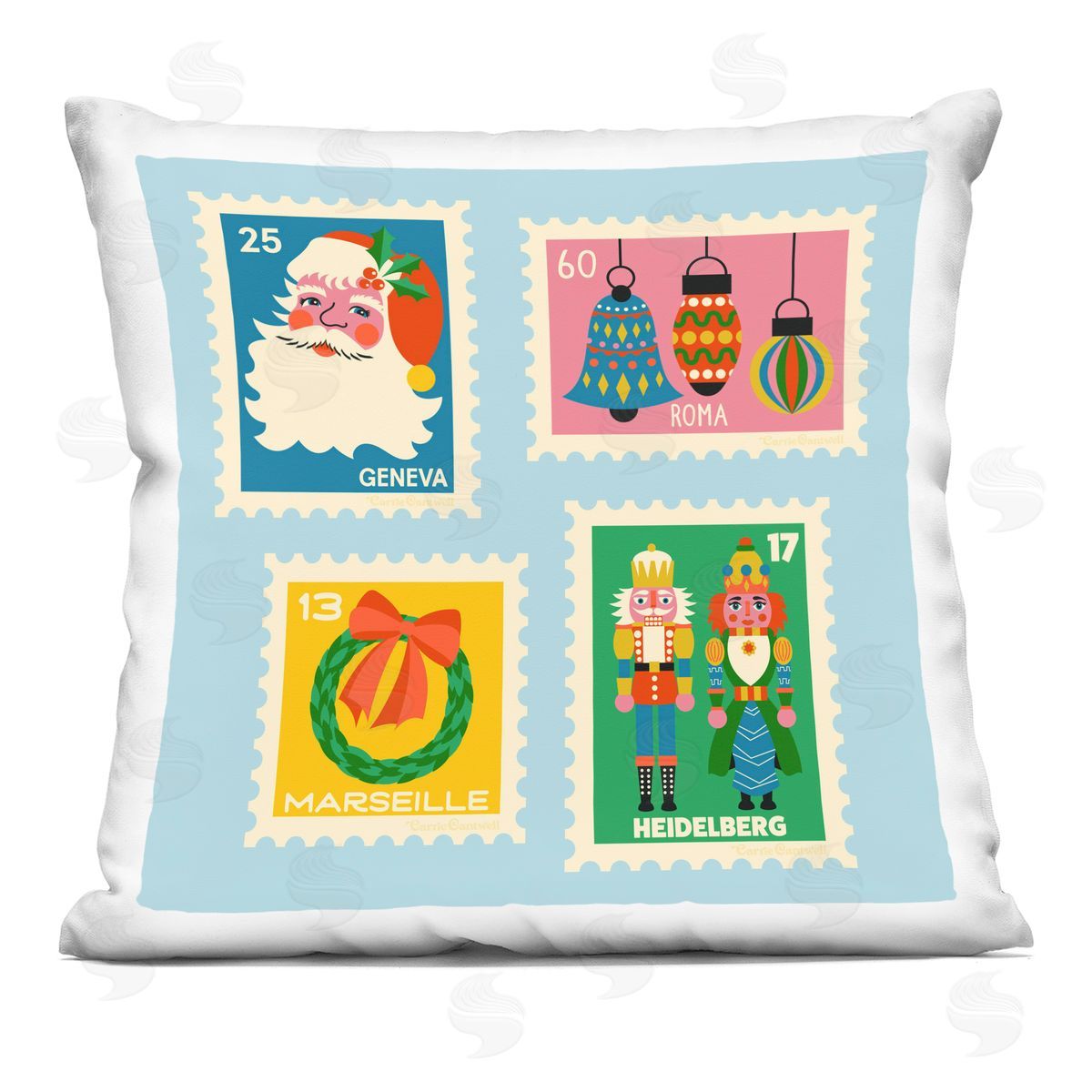 Carrie Cantwell Vintage Christmas Postage Stamps Printed Plush Polyester Throw Pillow