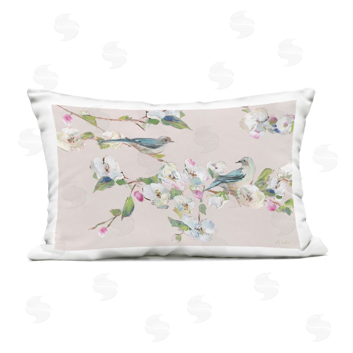 Sally Swatland Soft Spring Blossoms & Birds Plush Polyester Art Print Pillow