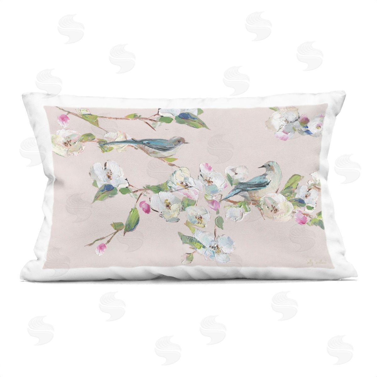 Sally Swatland Soft Spring Blossoms & Birds Plush Polyester Art Print Pillow