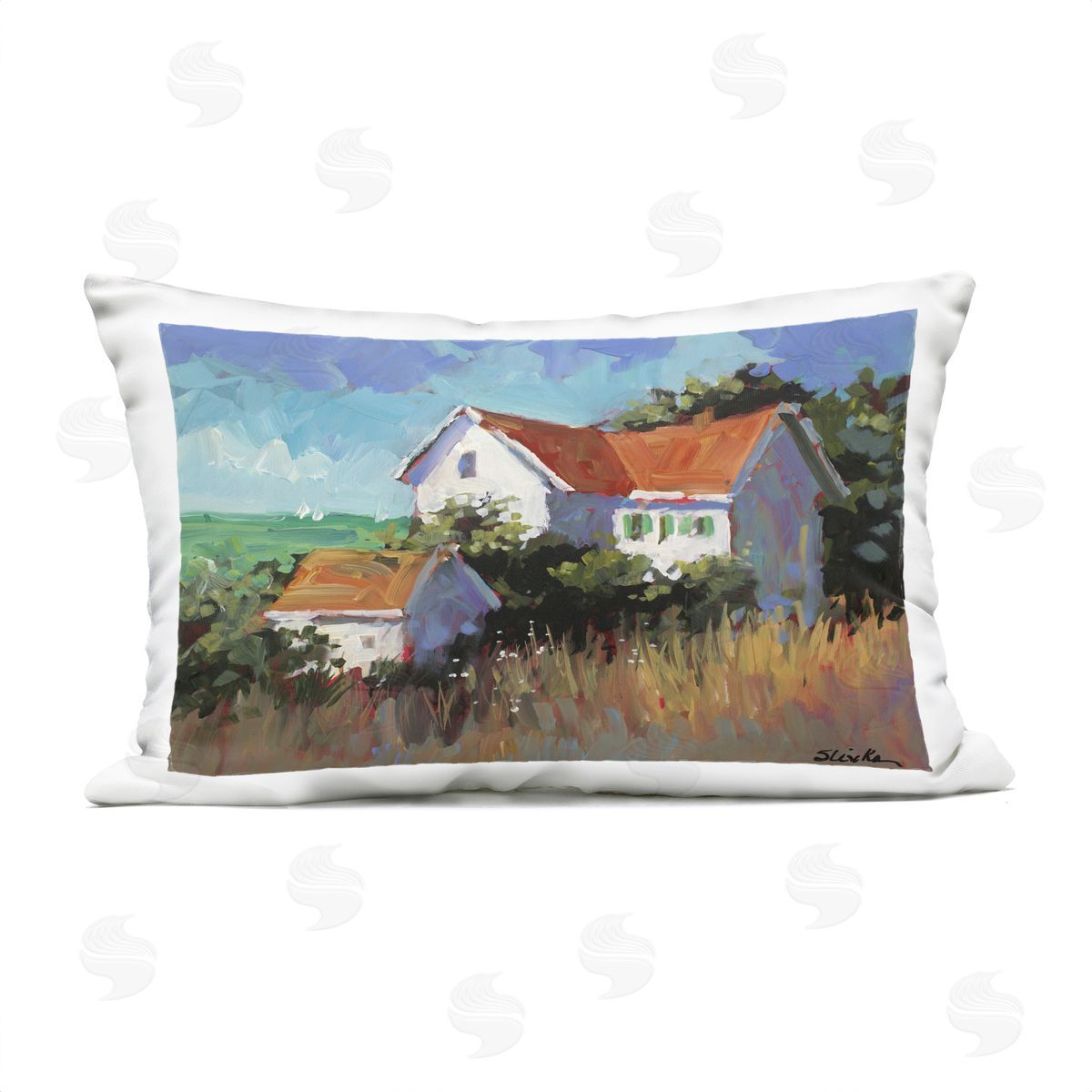 JANE SLIVKA Seaside House with Ocean View Plush Polyester Art Print Pillow
