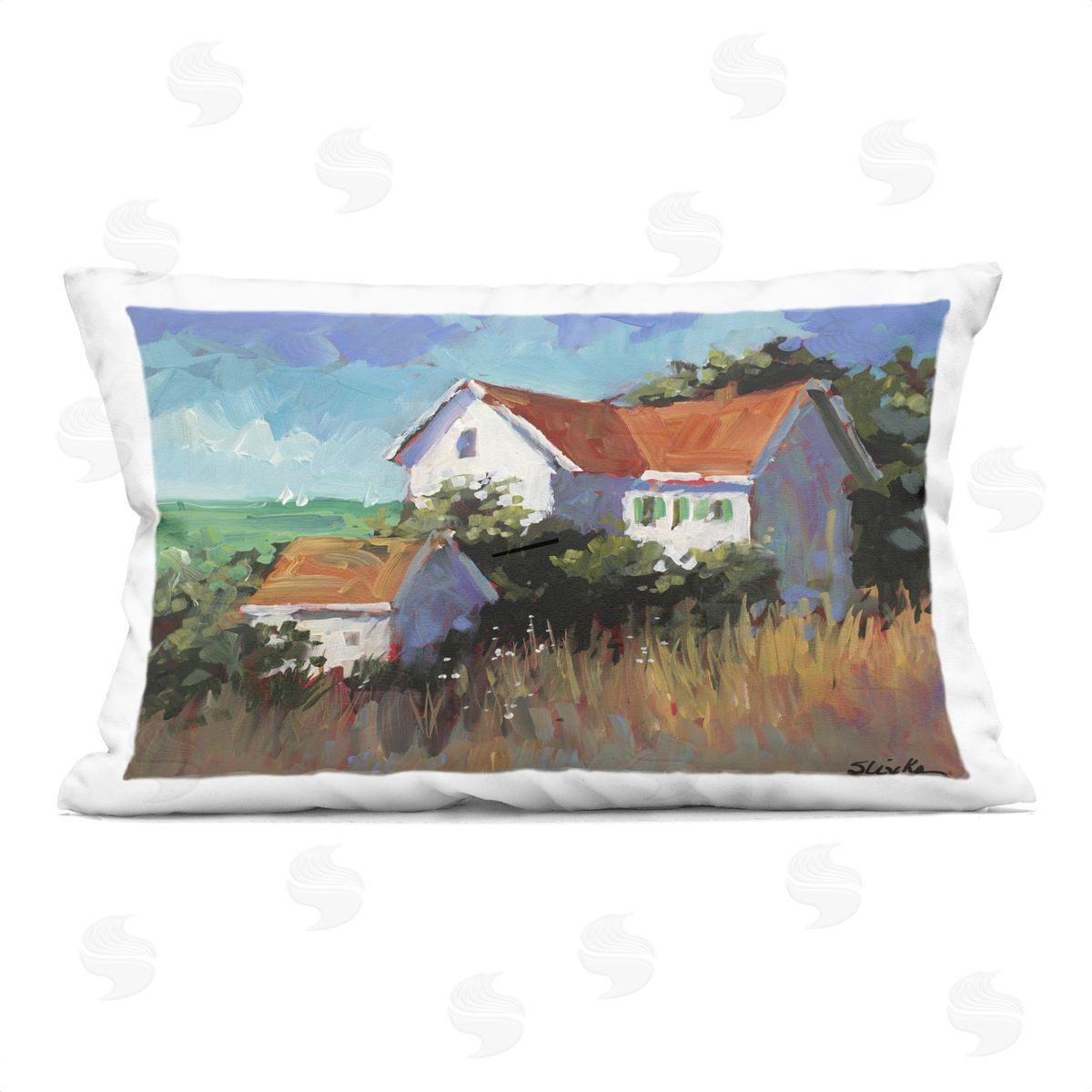 JANE SLIVKA Seaside House with Ocean View Plush Polyester Art Print Pillow