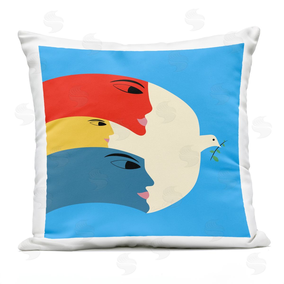 Carrie Cantwell Peaceful Dove with Faces Outdoor Quick-Dry Polyester Printed Throw Pillow