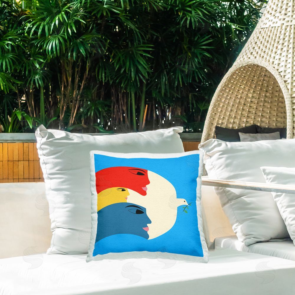 Carrie Cantwell Peaceful Dove with Faces Outdoor Quick-Dry Polyester Printed Throw Pillow in Back Yard