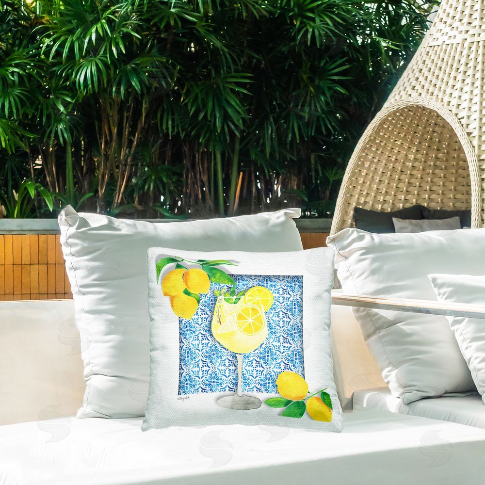 Hillary Holt Mediterranean Limoncello Drink Outdoor Quick-Dry Polyester Printed Throw Pillow in Back Yard