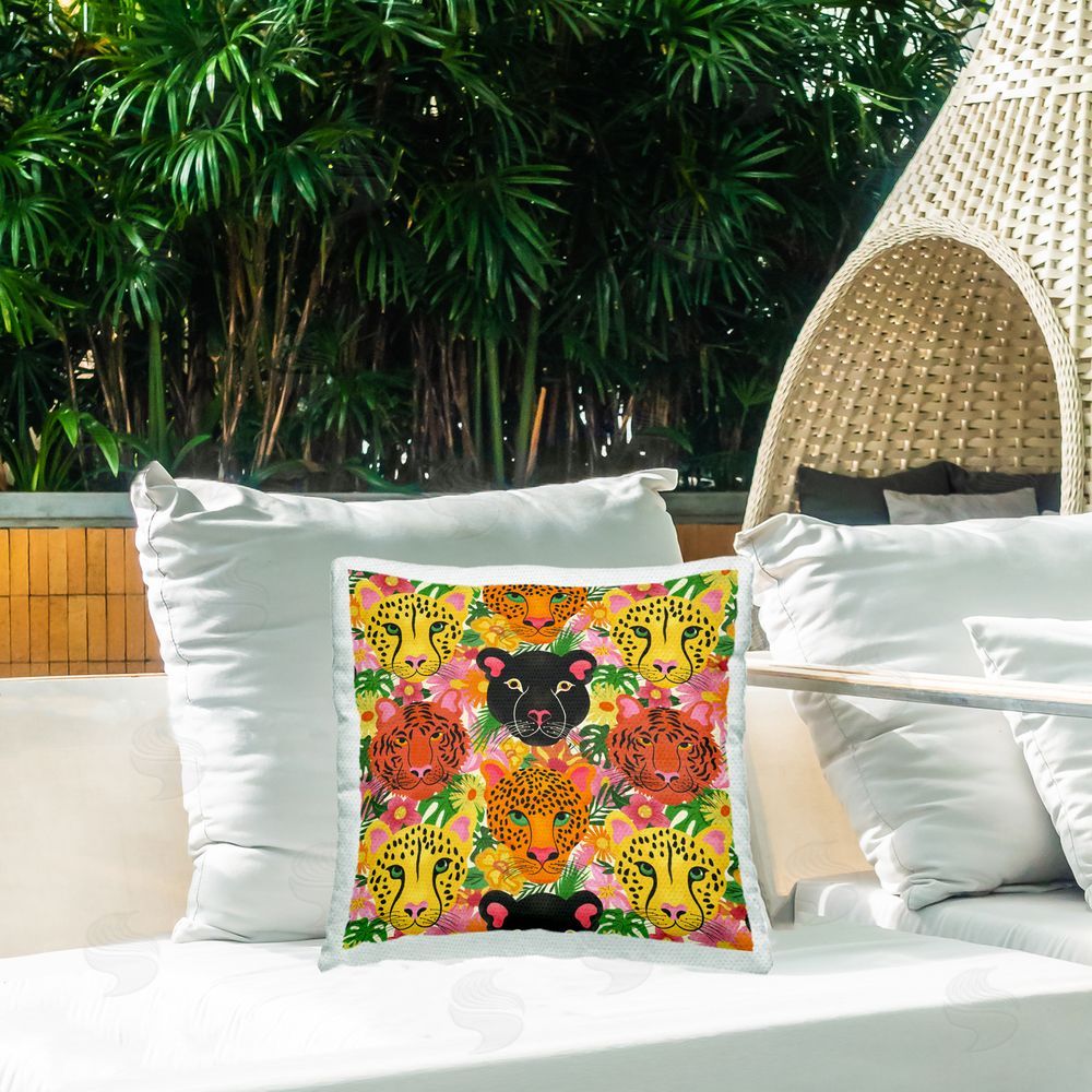 Carrie Cantwell Jungle Cats Wildlife Pattern Outdoor Quick-Dry Polyester Printed Throw Pillow in Back Yard