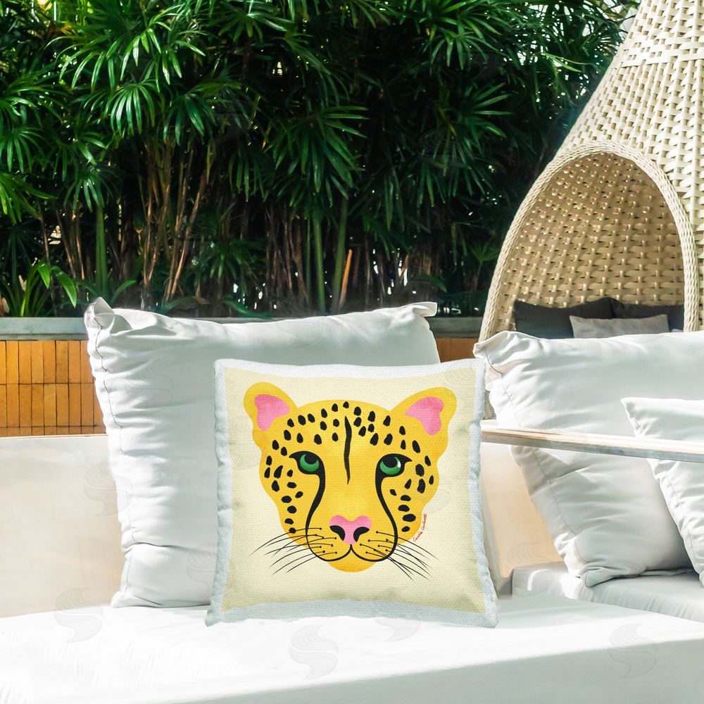 Carrie Cantwell Modern Wild Cheetah Face Outdoor Quick-Dry Polyester Printed Throw Pillow in Back Yard