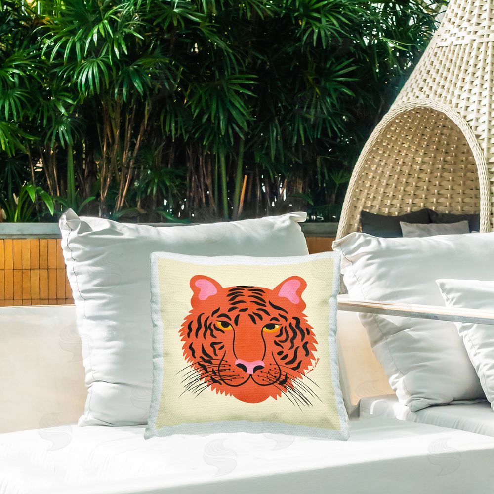 Carrie Cantwell Modern Wild Tiger Face Outdoor Quick-Dry Polyester Printed Throw Pillow in Back Yard