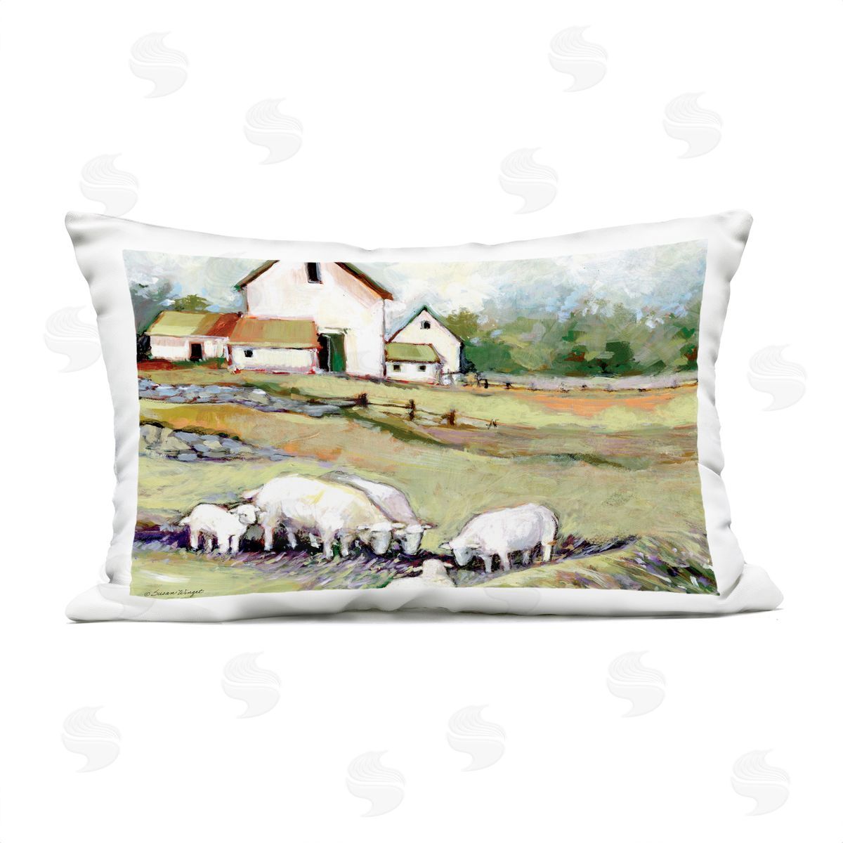 Susan Winget Sheep Grazing at Barn Plush Polyester Art Print Pillow