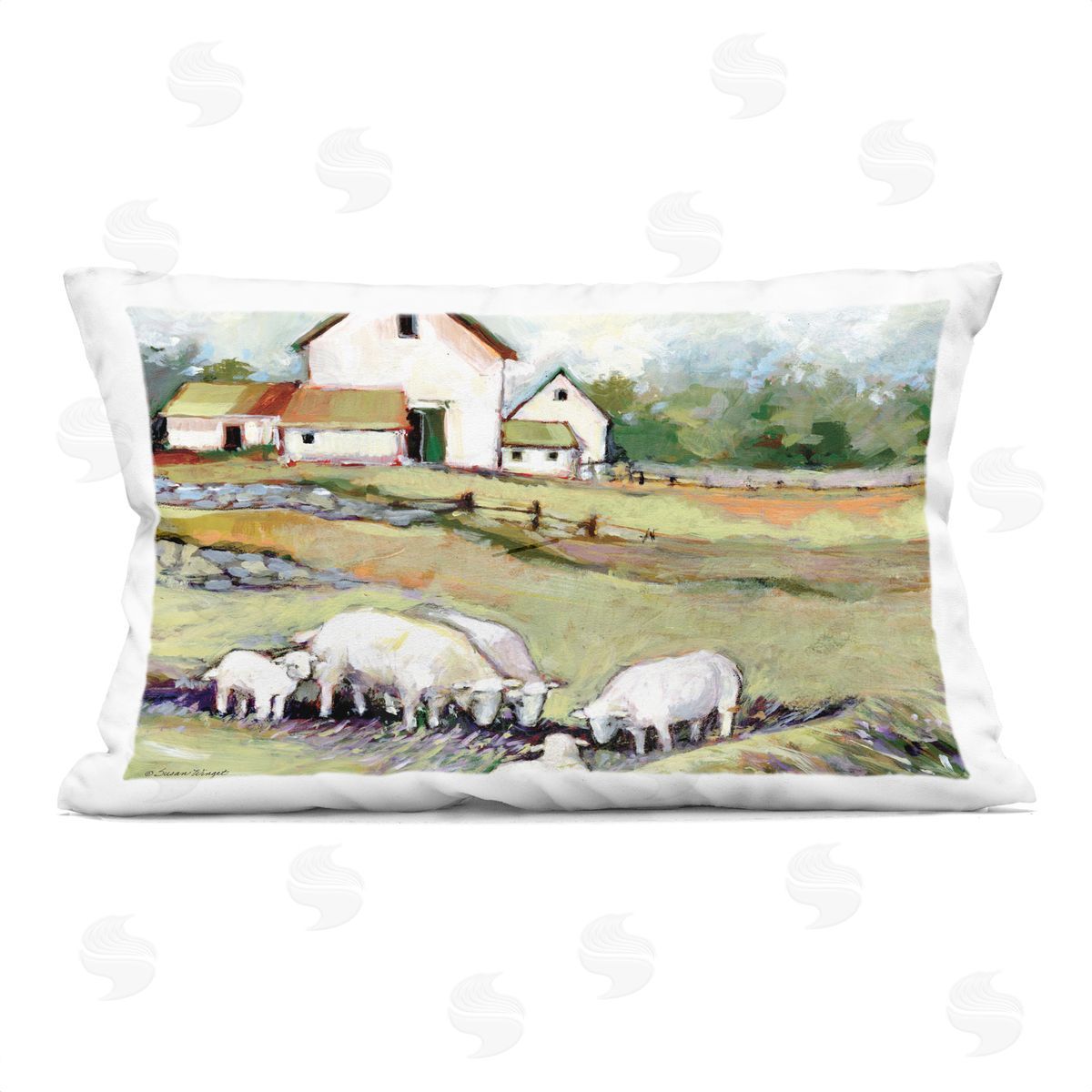 Susan Winget Sheep Grazing at Barn Plush Polyester Art Print Pillow