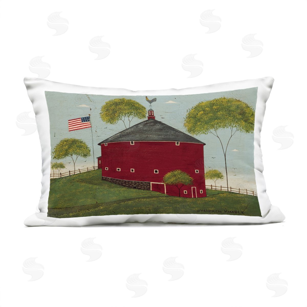 Warren Kimble Round Barn with USA Flag Plush Polyester Art Print Pillow