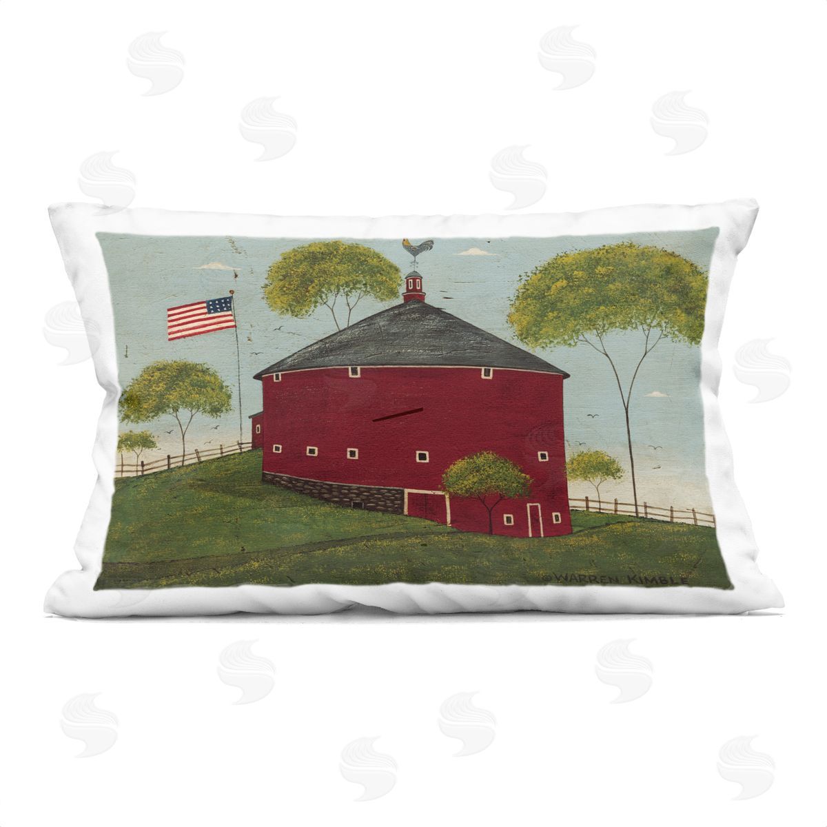 Warren Kimble Round Barn with USA Flag Plush Polyester Art Print Pillow
