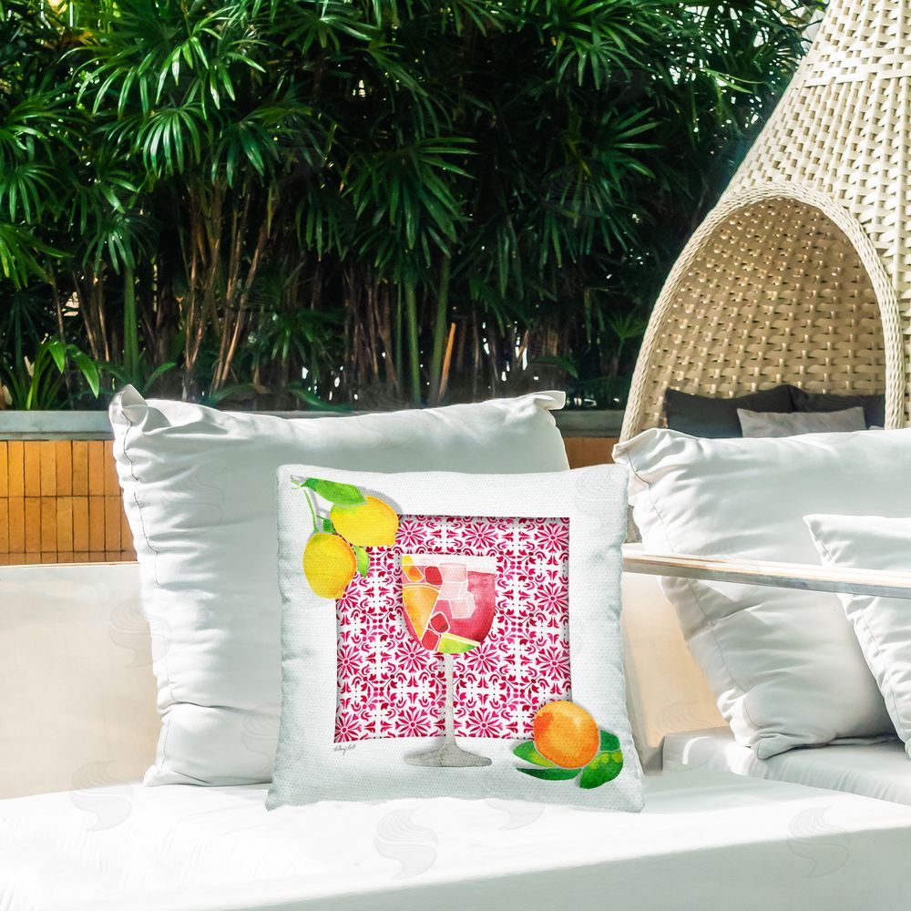 Hillary Holt Mediterranean Pattern Sangria Outdoor Quick-Dry Polyester Printed Throw Pillow in Back Yard