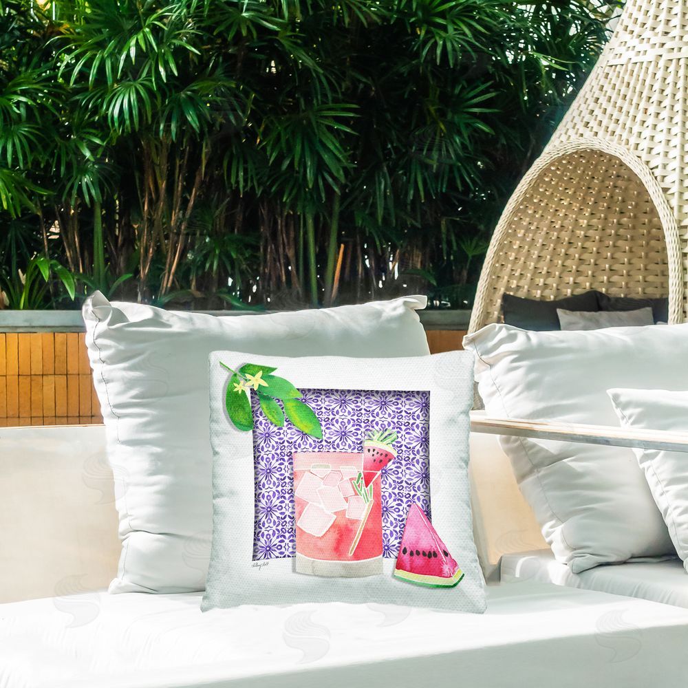 Hillary Holt Mediterranean Watermelon Drink Outdoor Quick-Dry Polyester Printed Throw Pillow in Back Yard