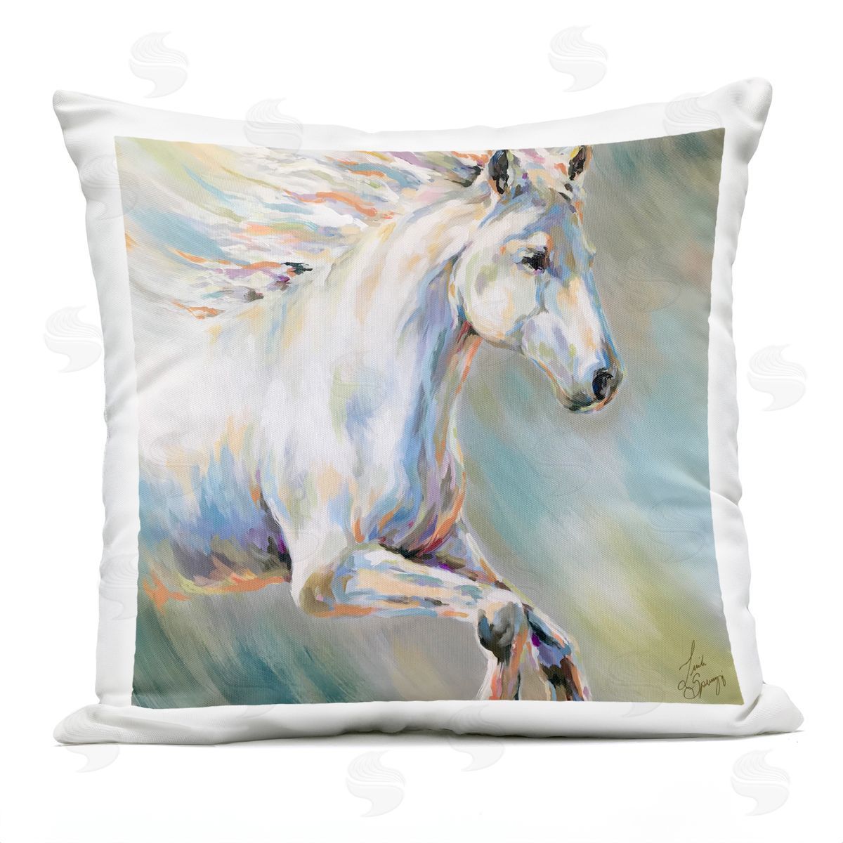 Linda Sperruzzi Flora White Horse Running Plush Polyester Art Print Pillow