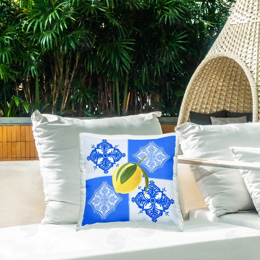 Ashley Singleton Lemon over Geometric Tiles Outdoor Quick-Dry Polyester Printed Throw Pillow in Back Yard