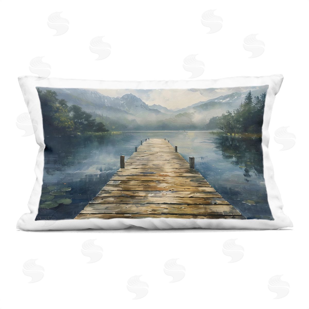 LSR Creative Studio Wooden Dock Over Lake Plush Polyester Art Print Pillow