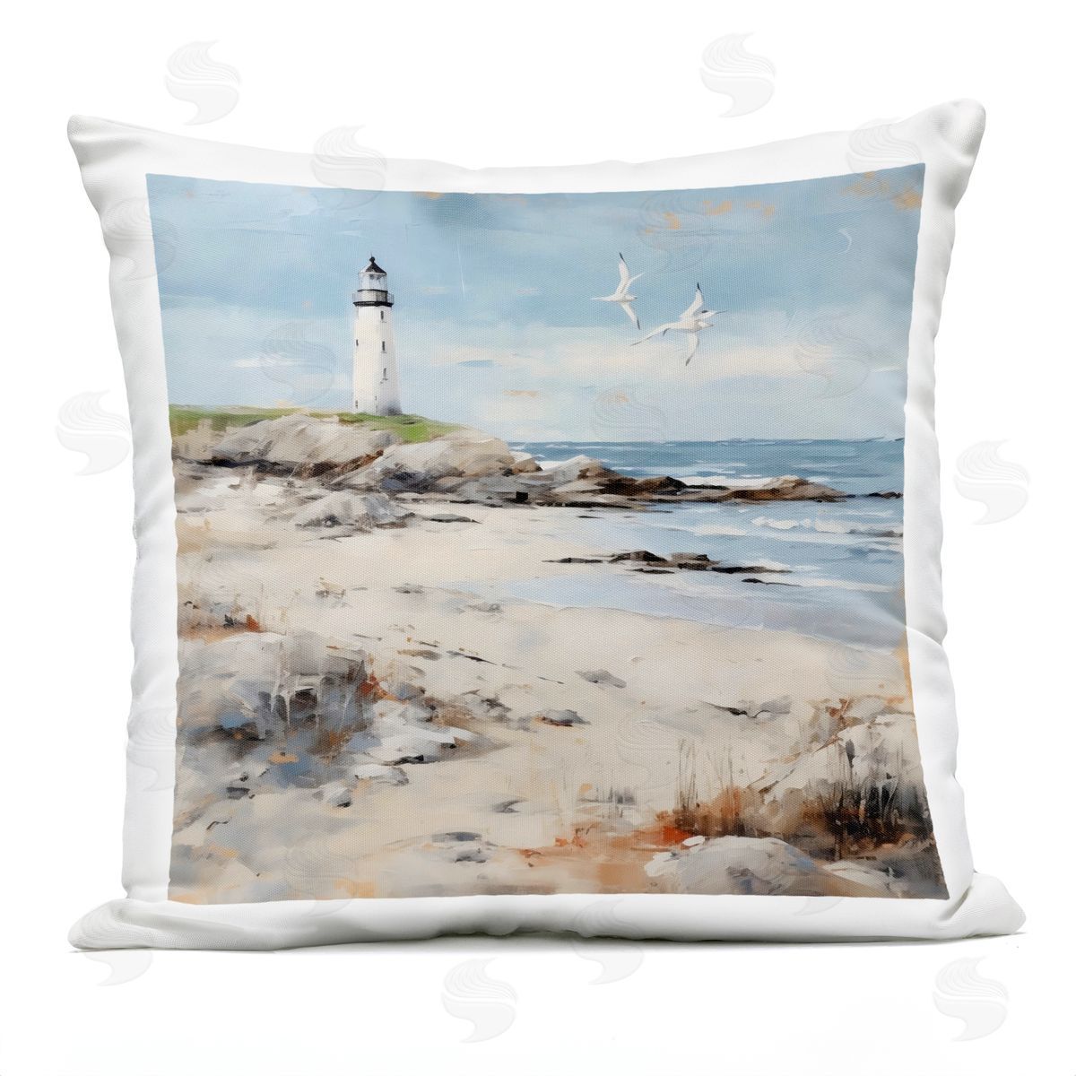 LSR Creative Studio Lighthouse On Rocky Shore Plush Polyester Art Print Pillow