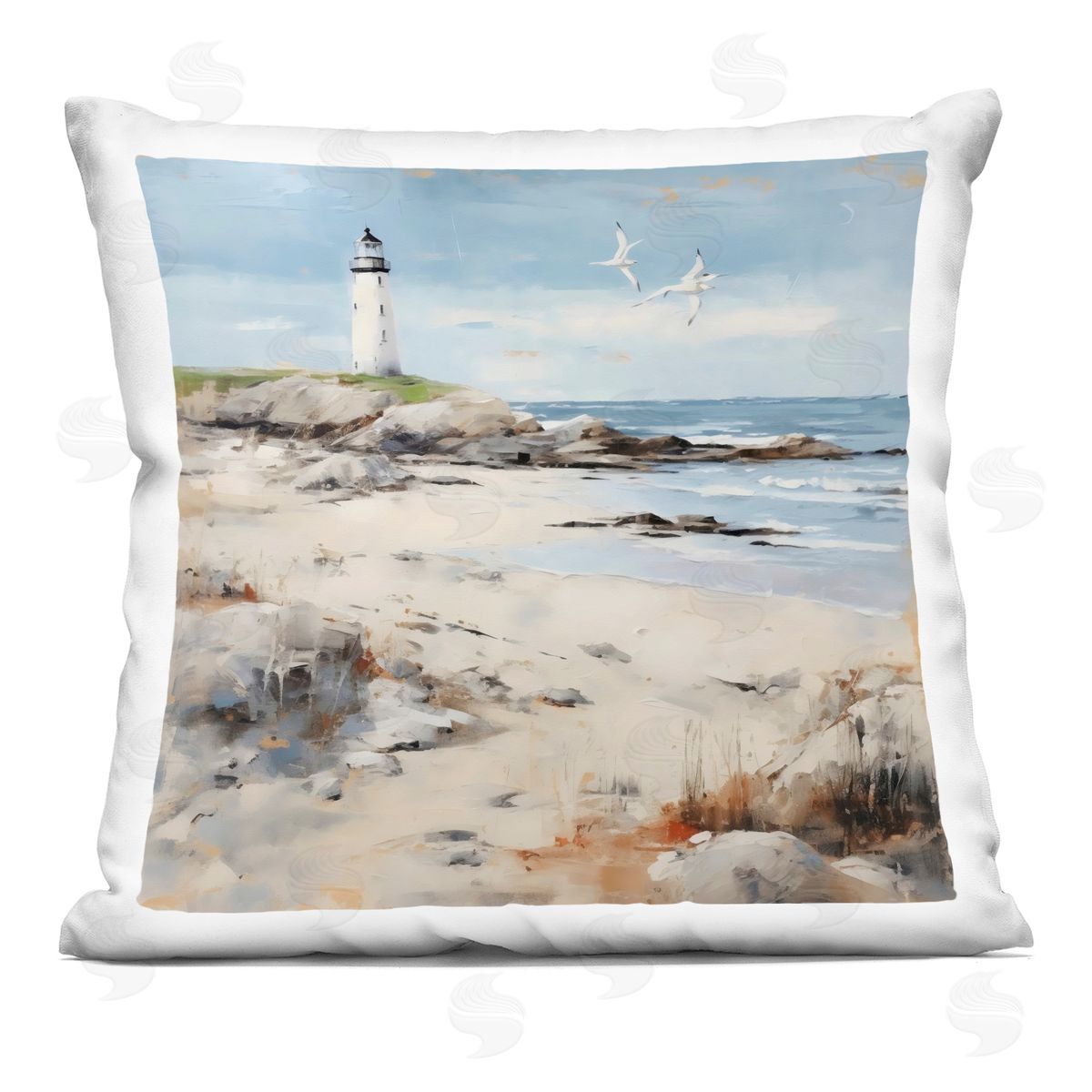 LSR Creative Studio Lighthouse On Rocky Shore Plush Polyester Art Print Pillow