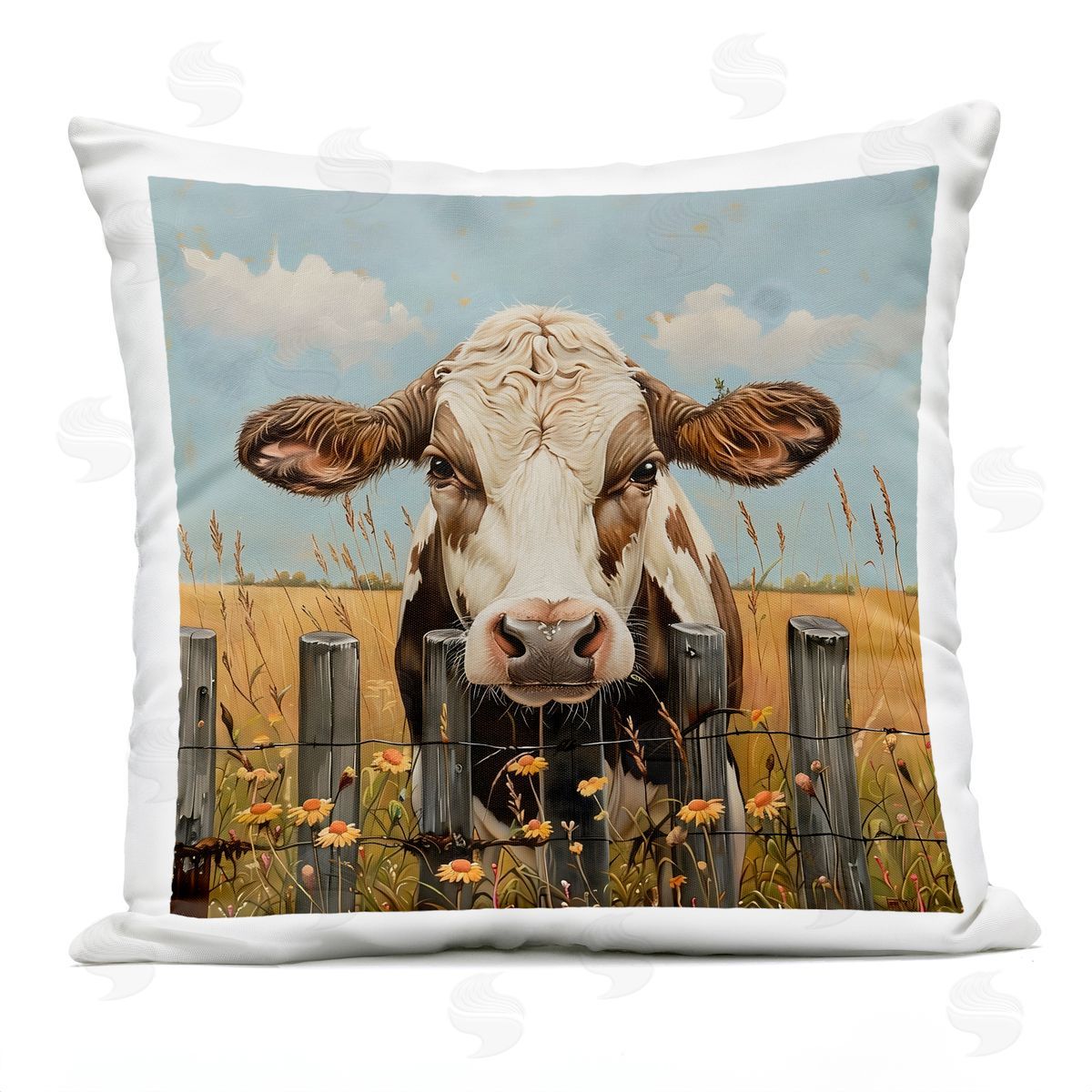 LSR Creative Studio Cow & Daisies Fence Plush Polyester Art Print Pillow