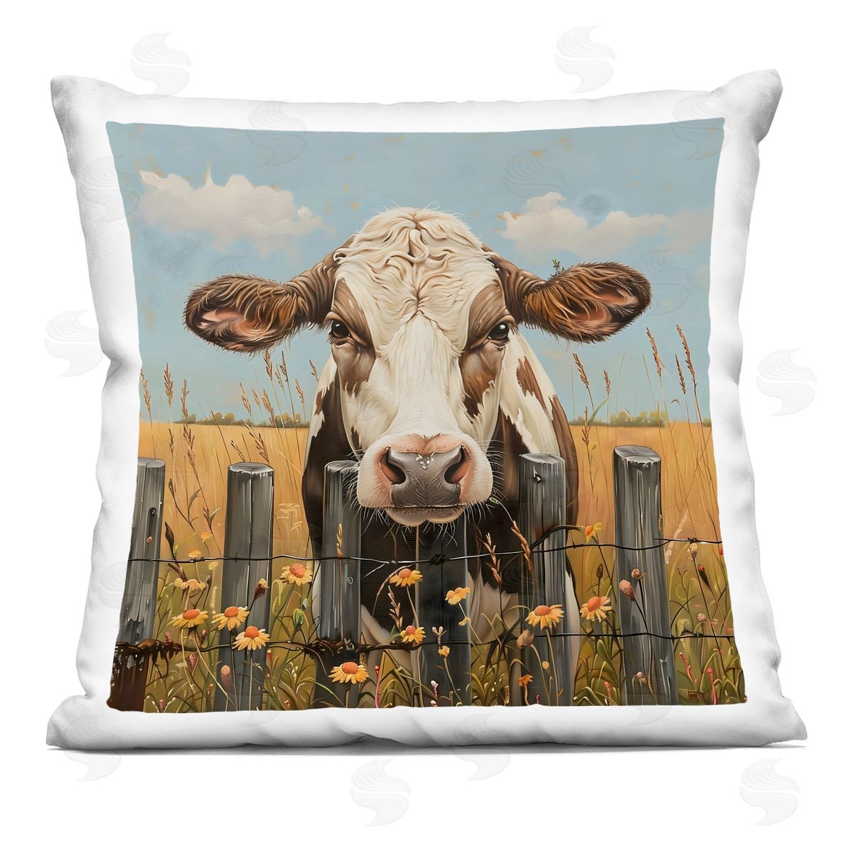 LSR Creative Studio Cow & Daisies Fence Plush Polyester Art Print Pillow