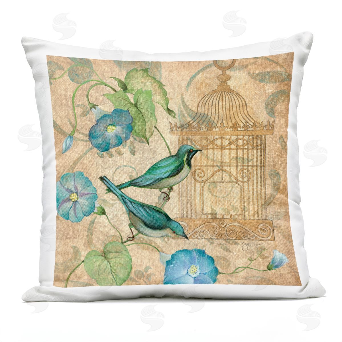 Janet Tava Spring's Song Green Birds Plush Polyester Art Print Pillow