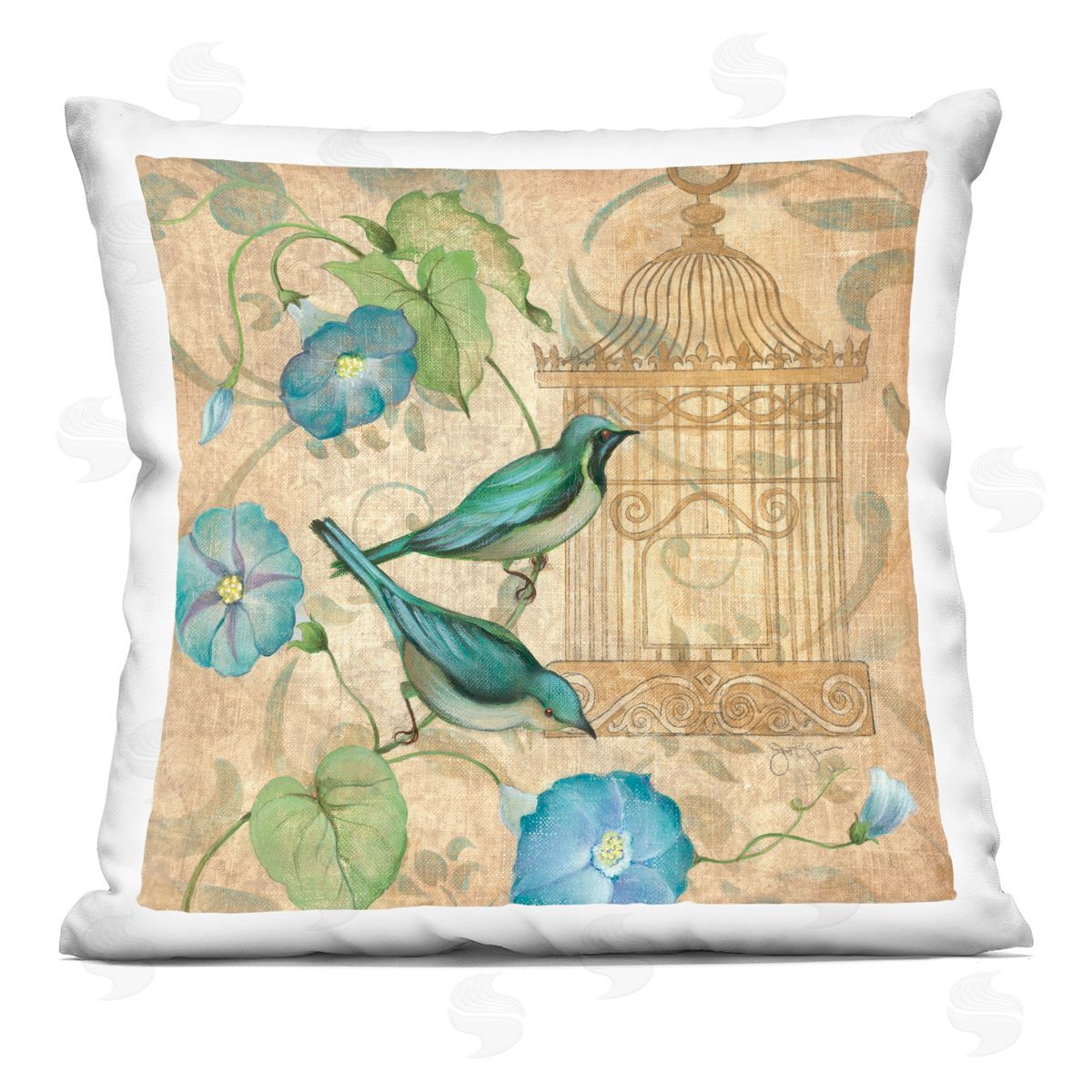 Janet Tava Spring's Song Green Birds Plush Polyester Art Print Pillow