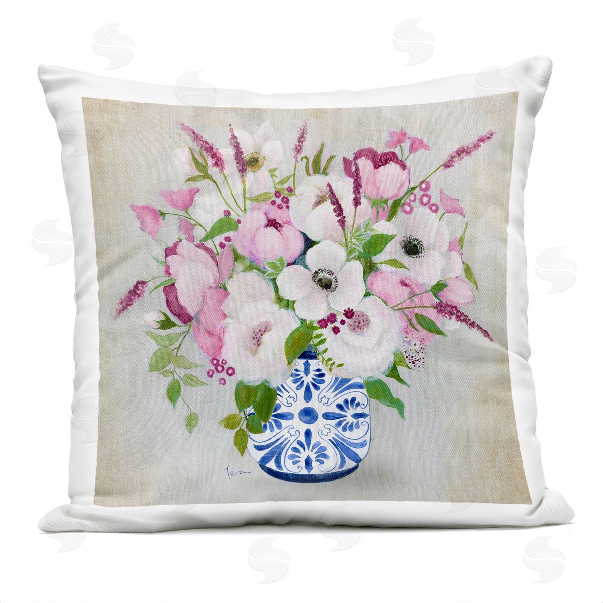 Janet Tava Pink Flower Chinoiserie Plush Polyester Art Print Pillow