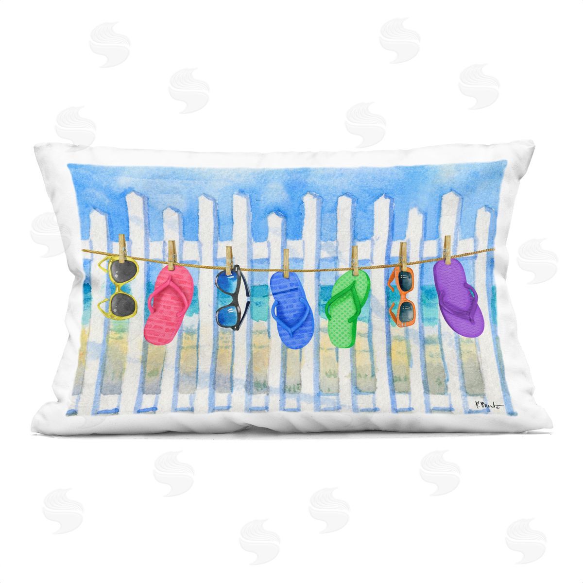 Paul Brent Summer Clothesline with Flip Flops Plush Polyester Art Print Pillow