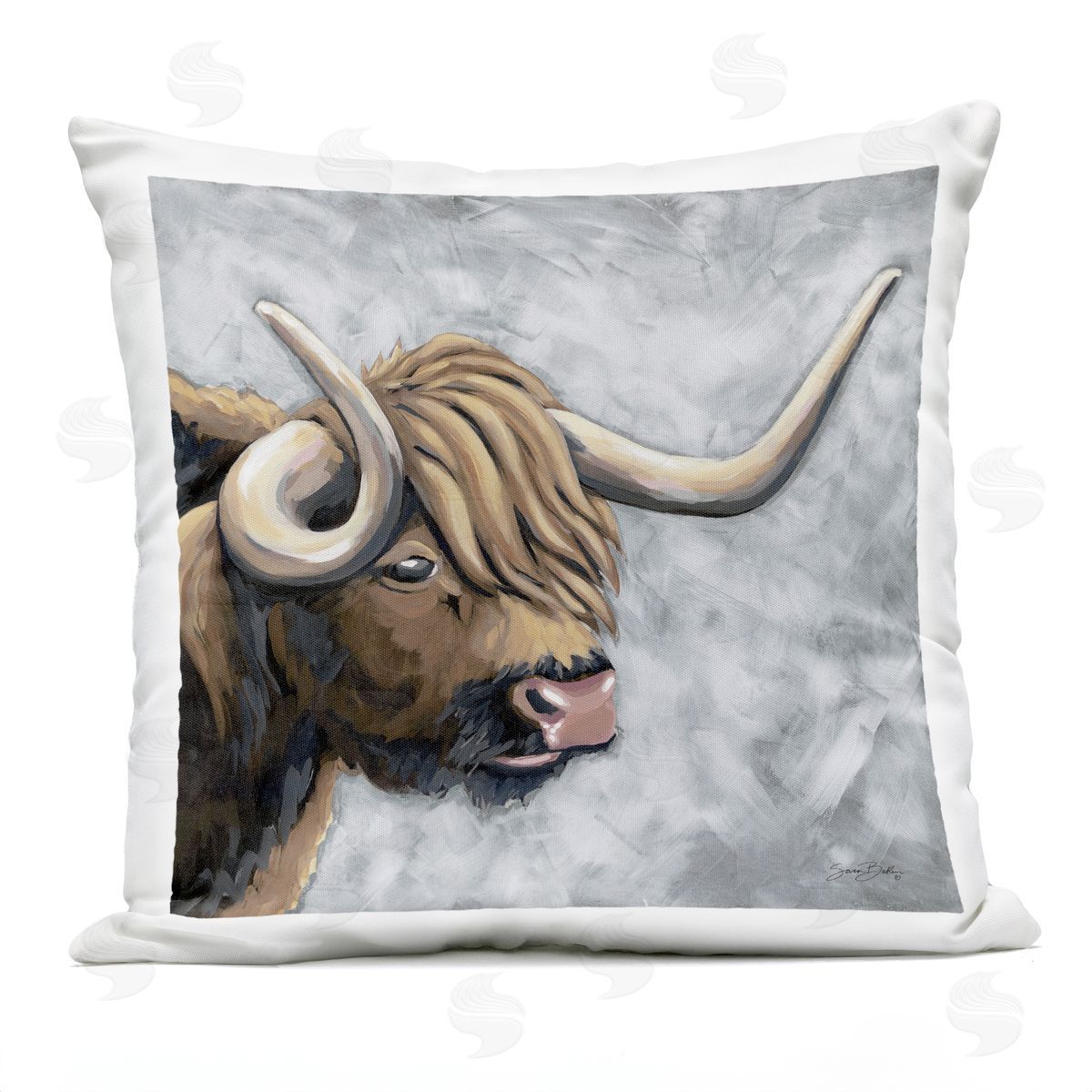 Sara Baker Highland Cattle with Curved Horn Plush Polyester Art Print Pillow