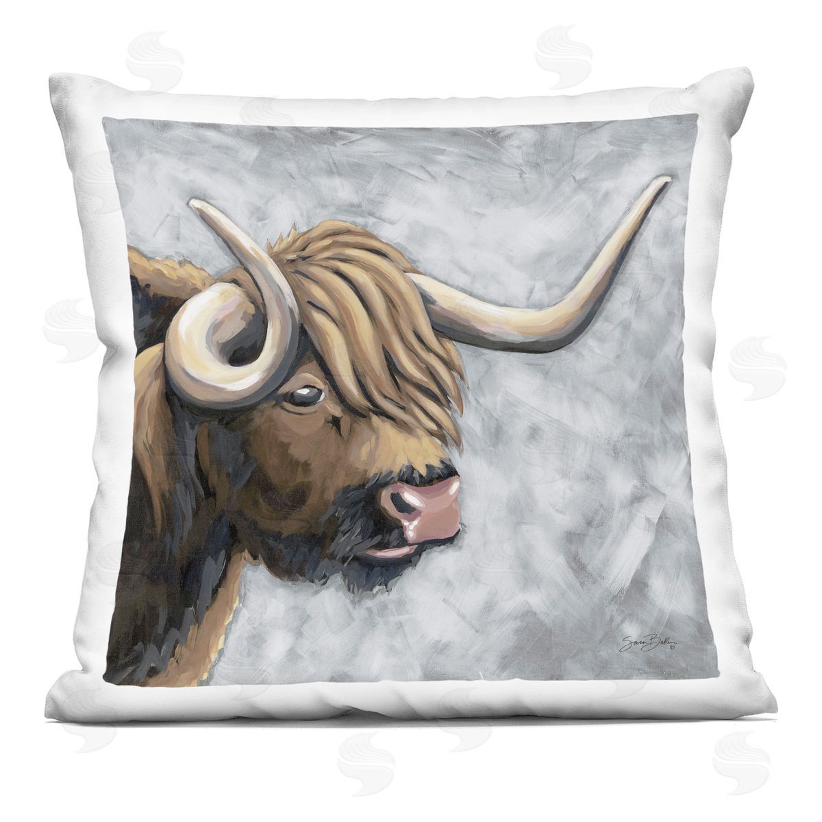 Sara Baker Highland Cattle with Curved Horn Plush Polyester Art Print Pillow