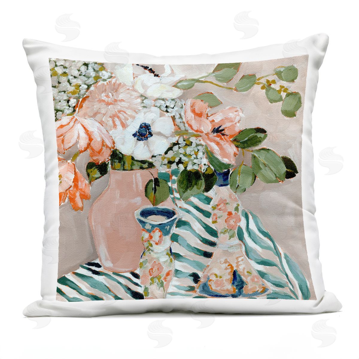 Annie Quigley Rosy Florals with Stripes Plush Polyester Art Print Pillow