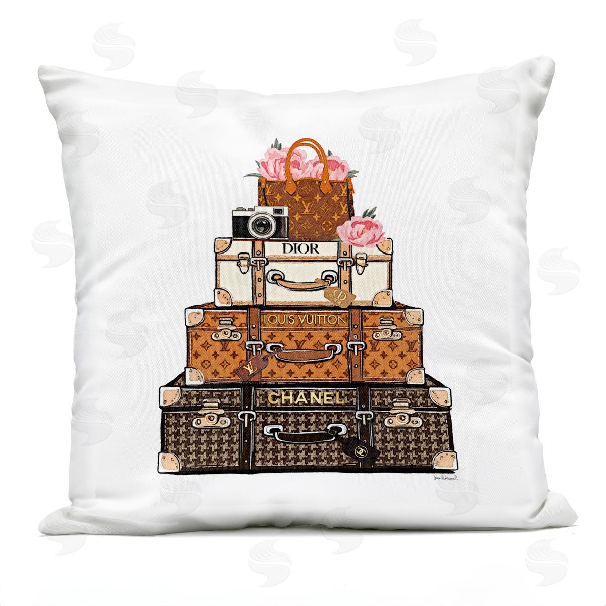 Amanda Greenwood Luggage with Flowers & Camera Plush Polyester Art Print Pillow