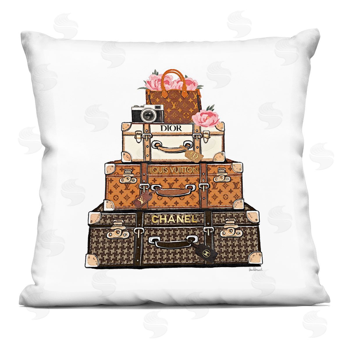 Amanda Greenwood Luggage with Flowers & Camera Plush Polyester Art Print Pillow