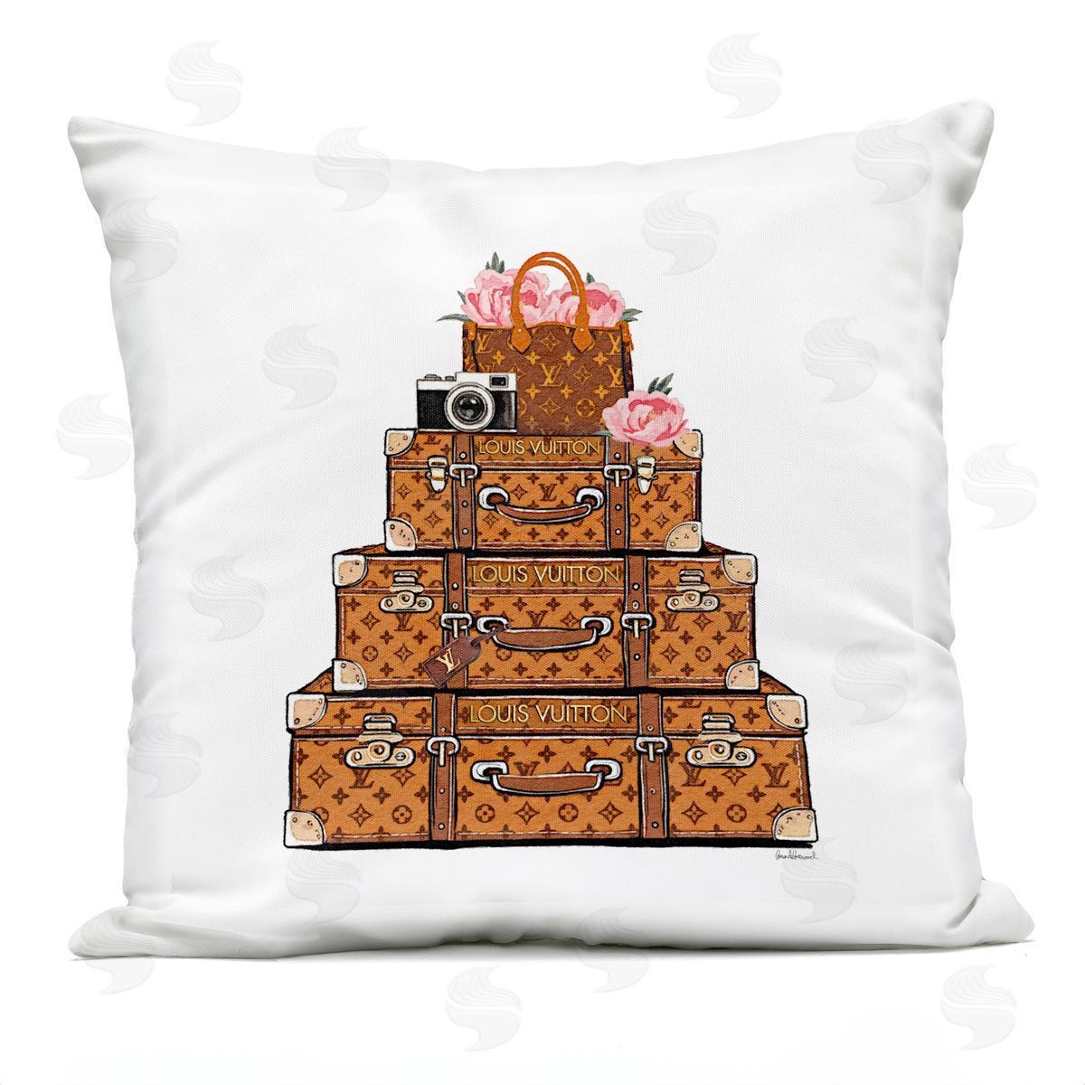 Amanda Greenwood Suitcases with Flowers & Camera Plush Polyester Art Print Pillow