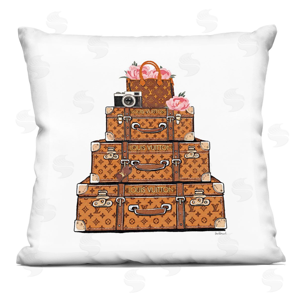 Amanda Greenwood Suitcases with Flowers & Camera Plush Polyester Art Print Pillow