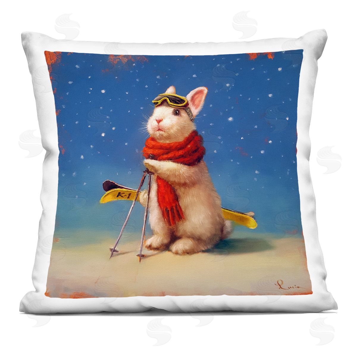 Lucia Heffernan First Snow Bunny & Skis Plush Polyester Art Print Pillow