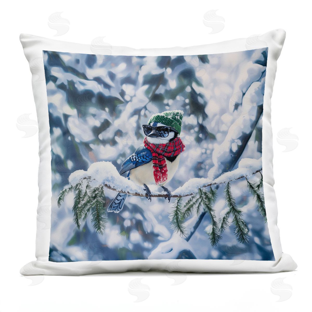 Jim Baldwin Christmas Blue Jay Perched Plush Polyester Art Print Pillow