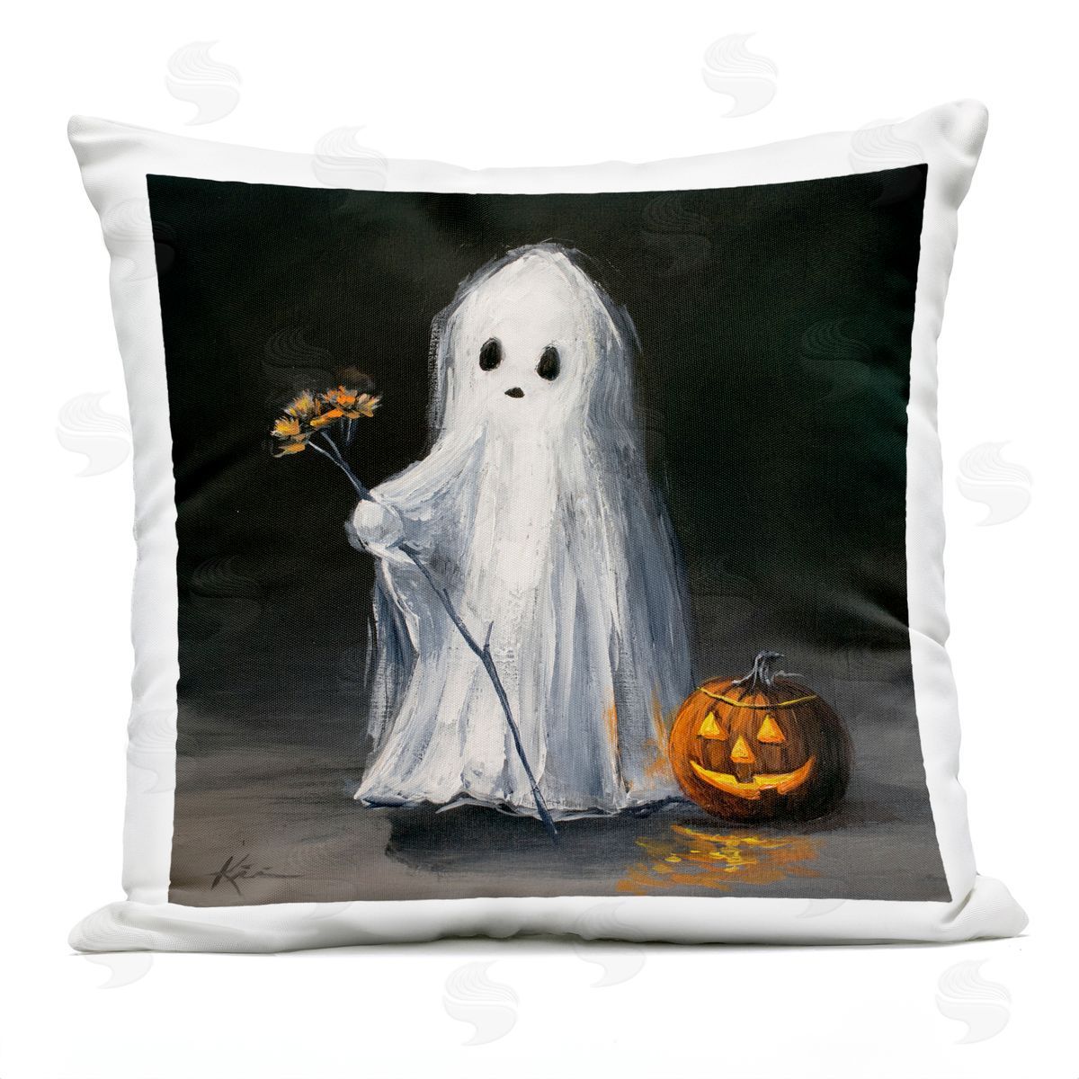 Lindsay Kivi Fine Art Vintage Halloween Ghost & Pumpkin Plush Polyester Art Print Pillow