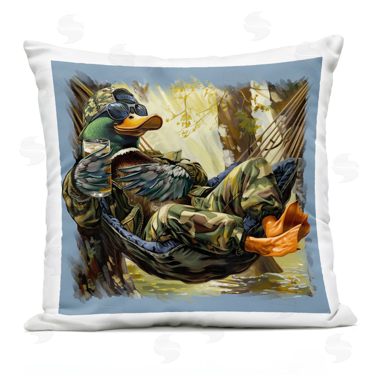Jim Baldwin Mallard Hammock in Camo  Plush Polyester Art Print Pillow