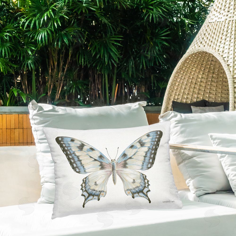 Danhui Nai Blue Brown Accent Butterfly Outdoor Rectangular Pillow on Patio